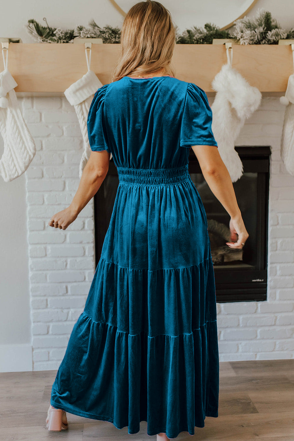 Chestnut Velvet Short Sleeve Shirred Waist Tiered Maxi Dress