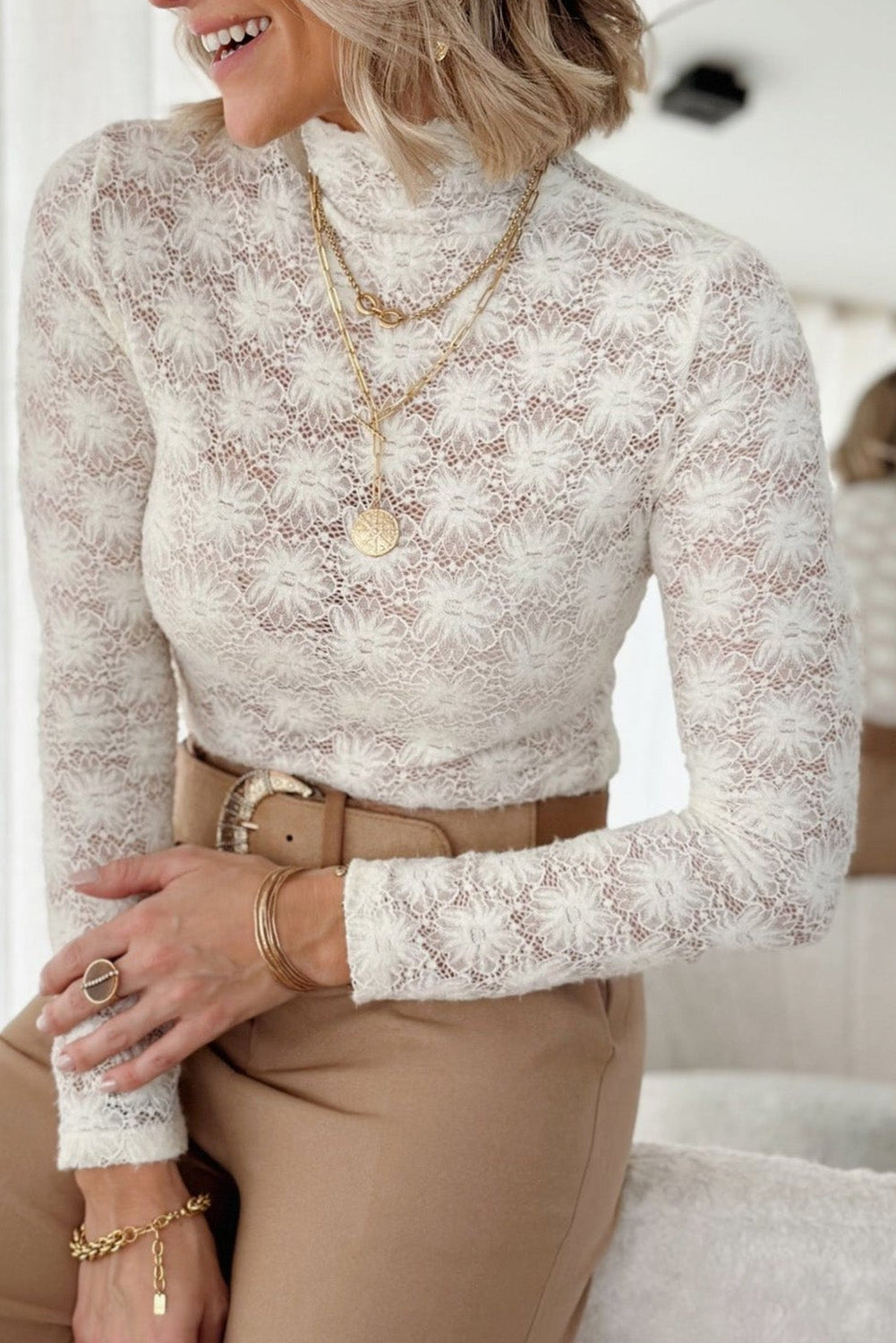 White Floral Lace High Neck Long Sleeve Top