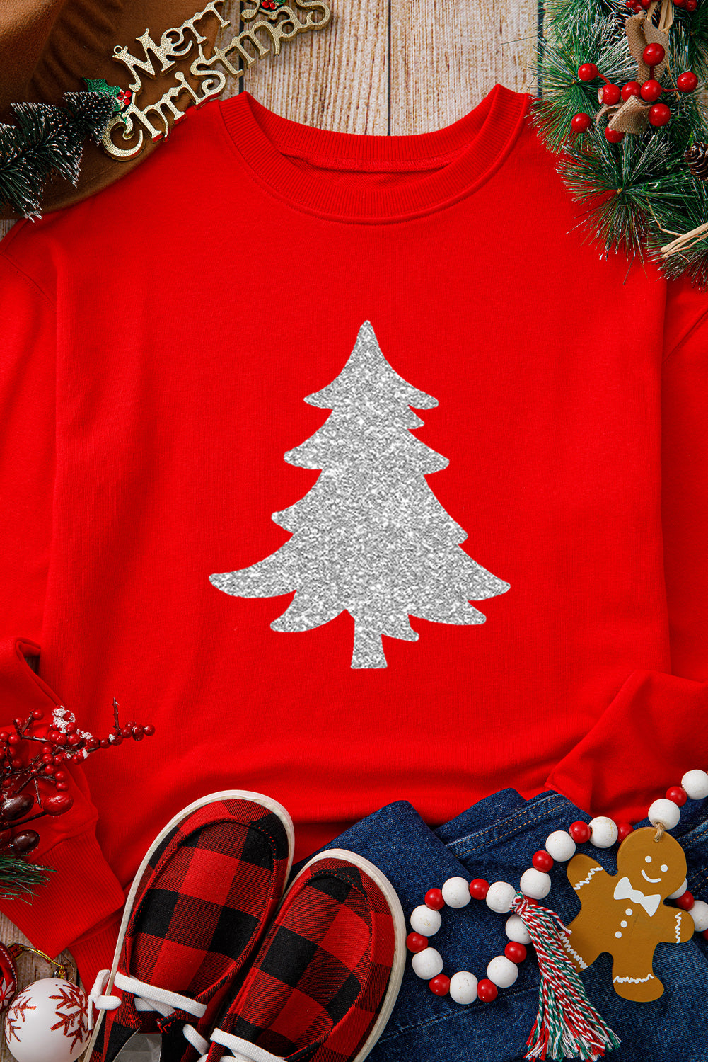 Red Silver Christmas Tree Printed Drop Shoulder Sweatshirt