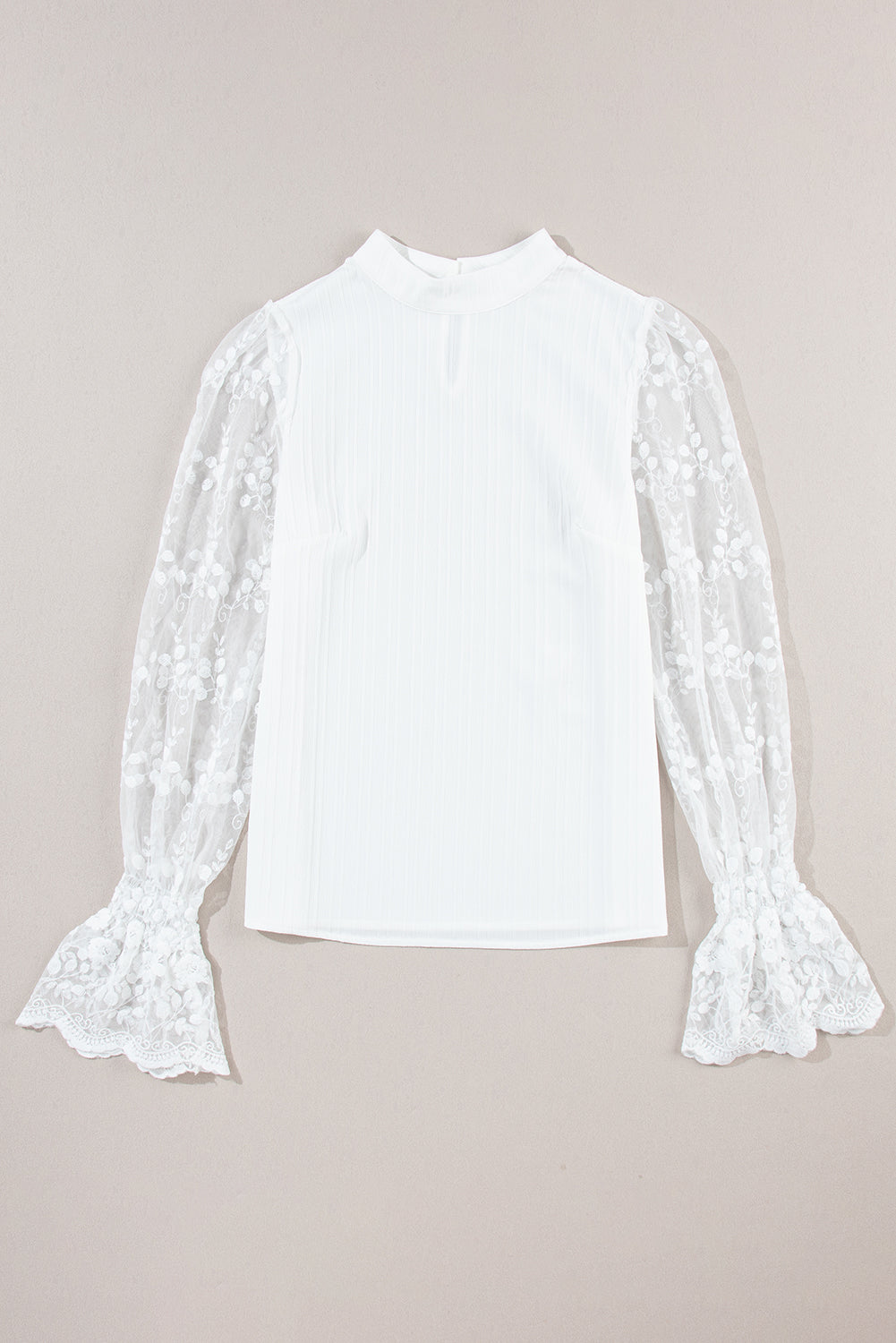 White Contrast Lace Sleeve Mock Neck Textured Blouse