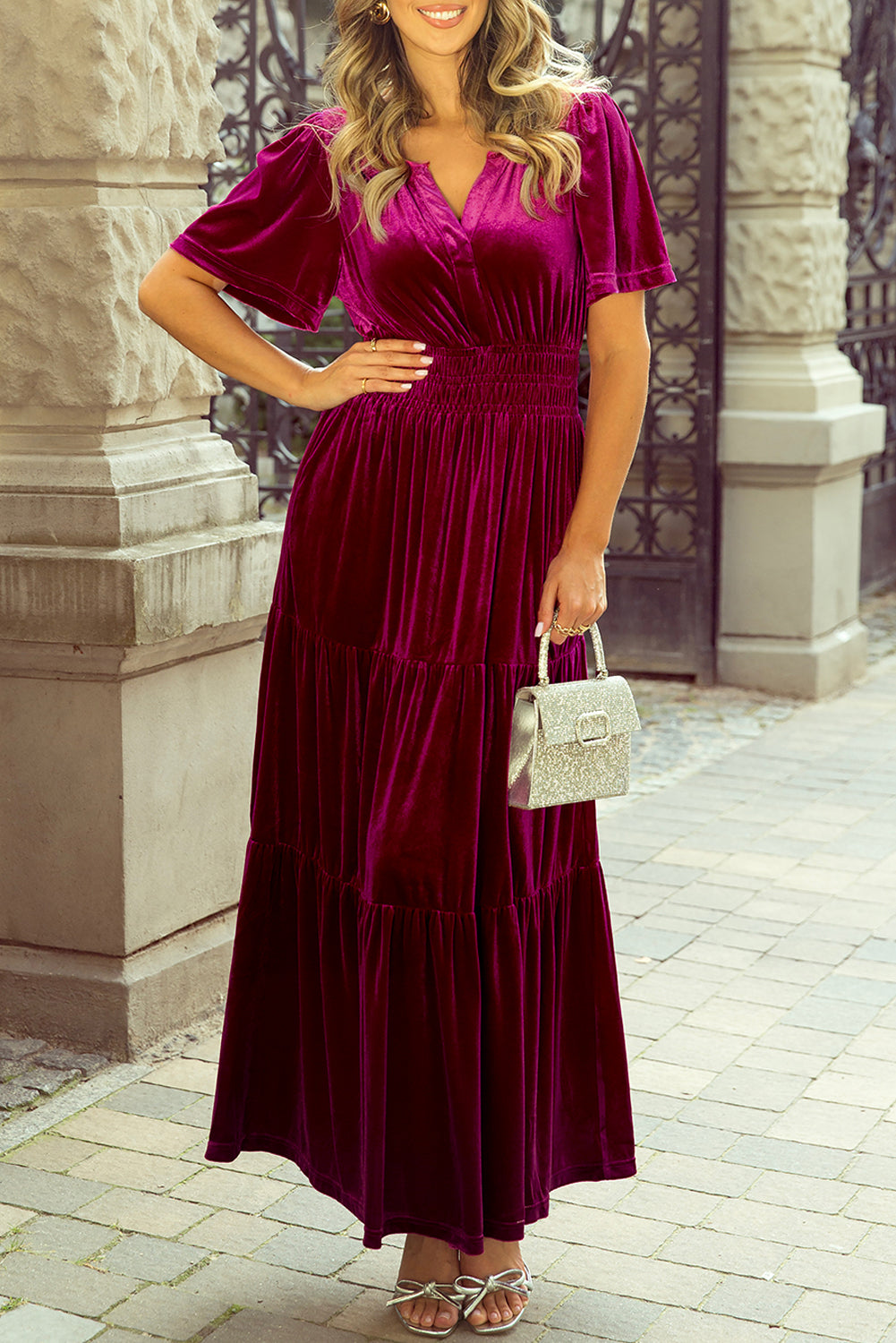 Chestnut Velvet Short Sleeve Shirred Waist Tiered Maxi Dress