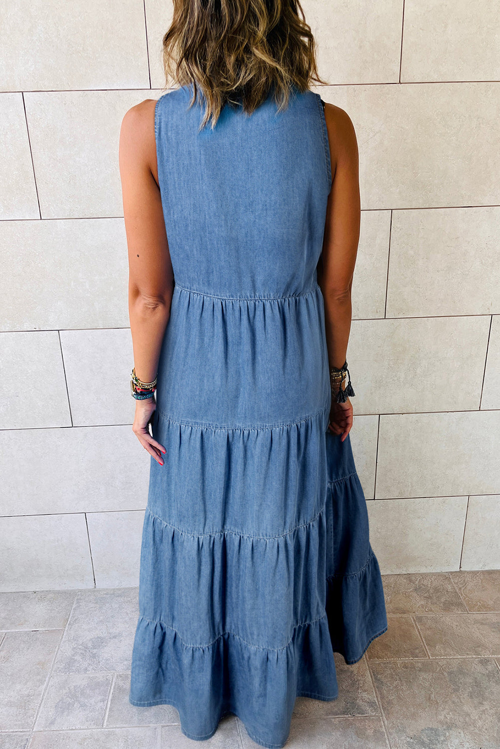 Real Teal Sleeveless Tiered Chambray Maxi Dress