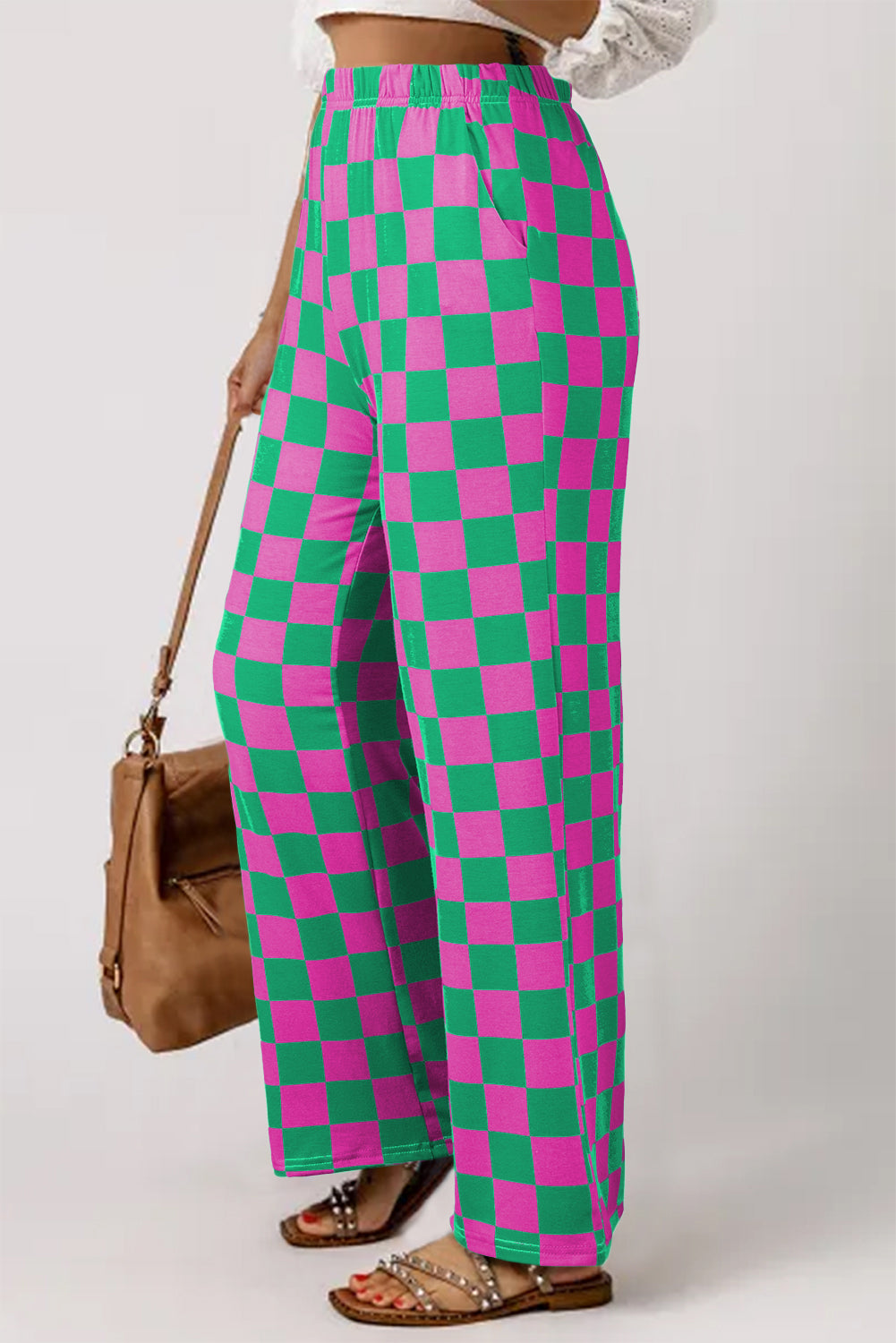 Black 2-Tone Checked Print High Waist Wide Leg Pants