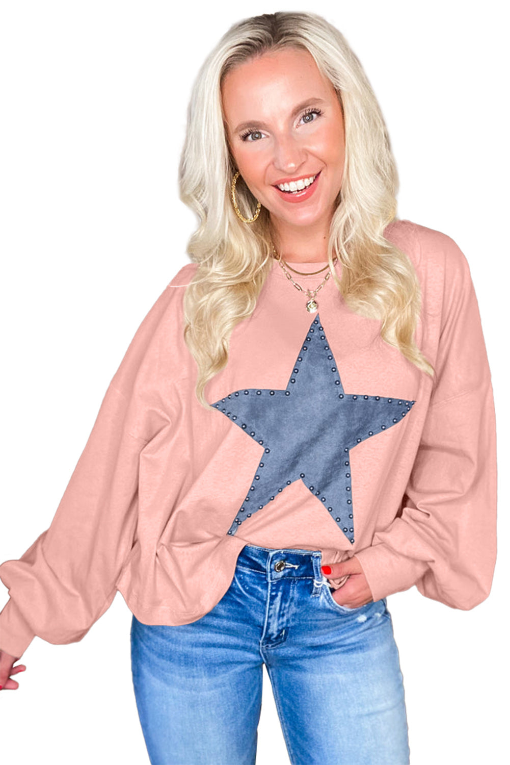 Gossamer Pink Studded Star Graphic Oversized Long Sleeve Top