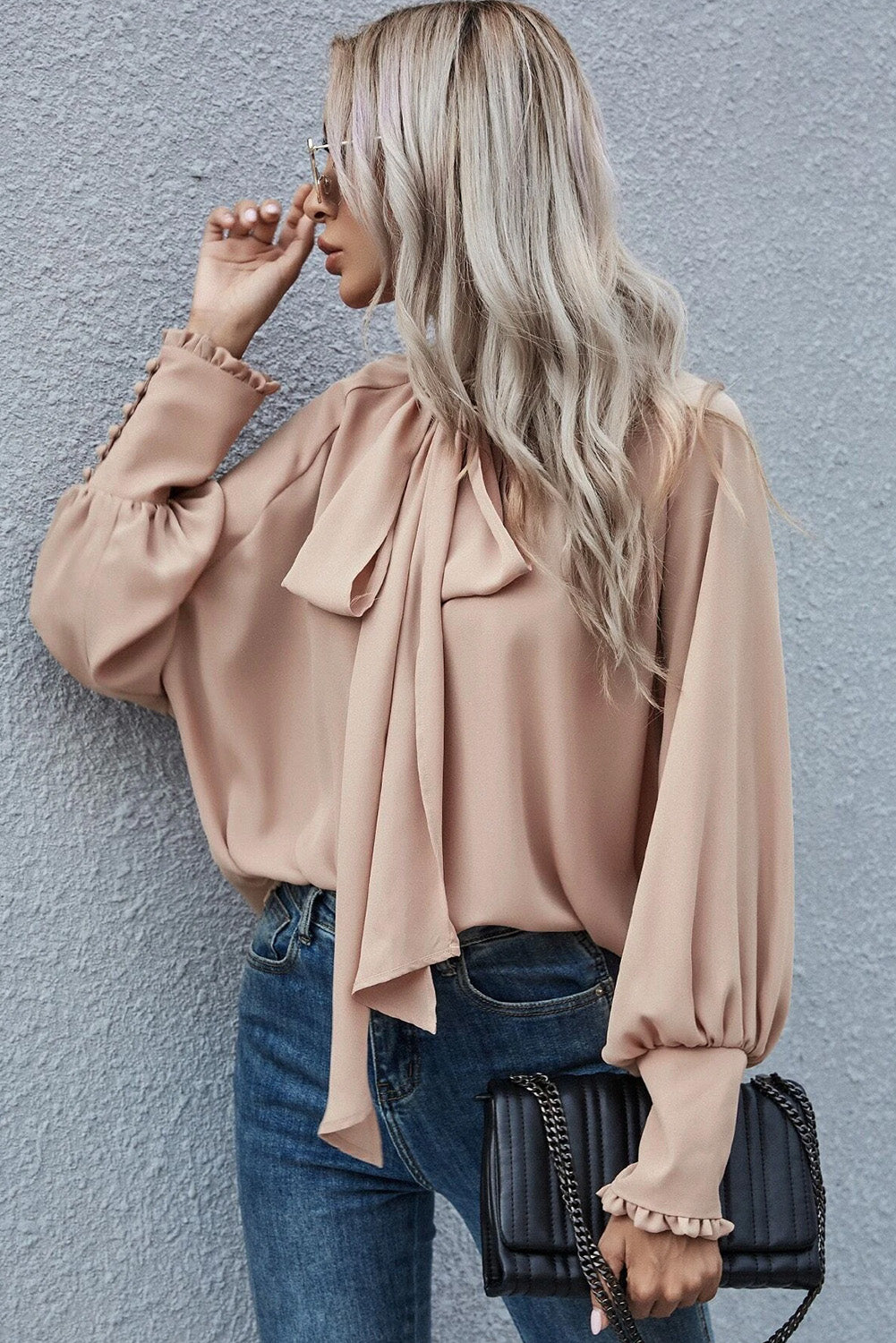 Pink Frilled Knotted Mock Neck Bishop Sleeve Blouse