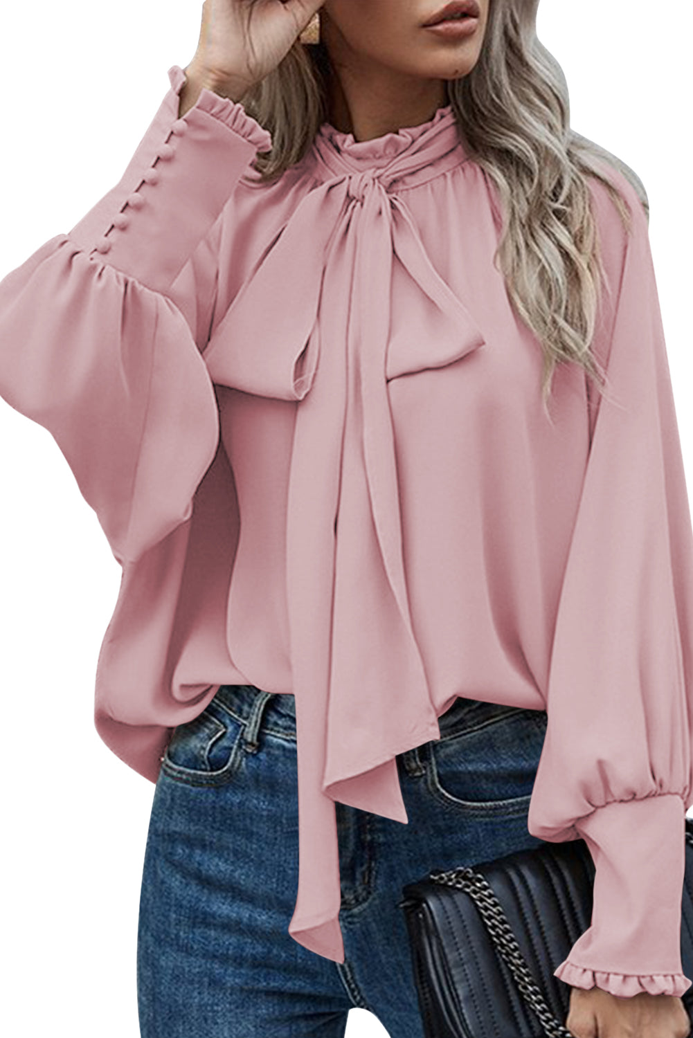 Pink Frilled Knotted Mock Neck Bishop Sleeve Blouse