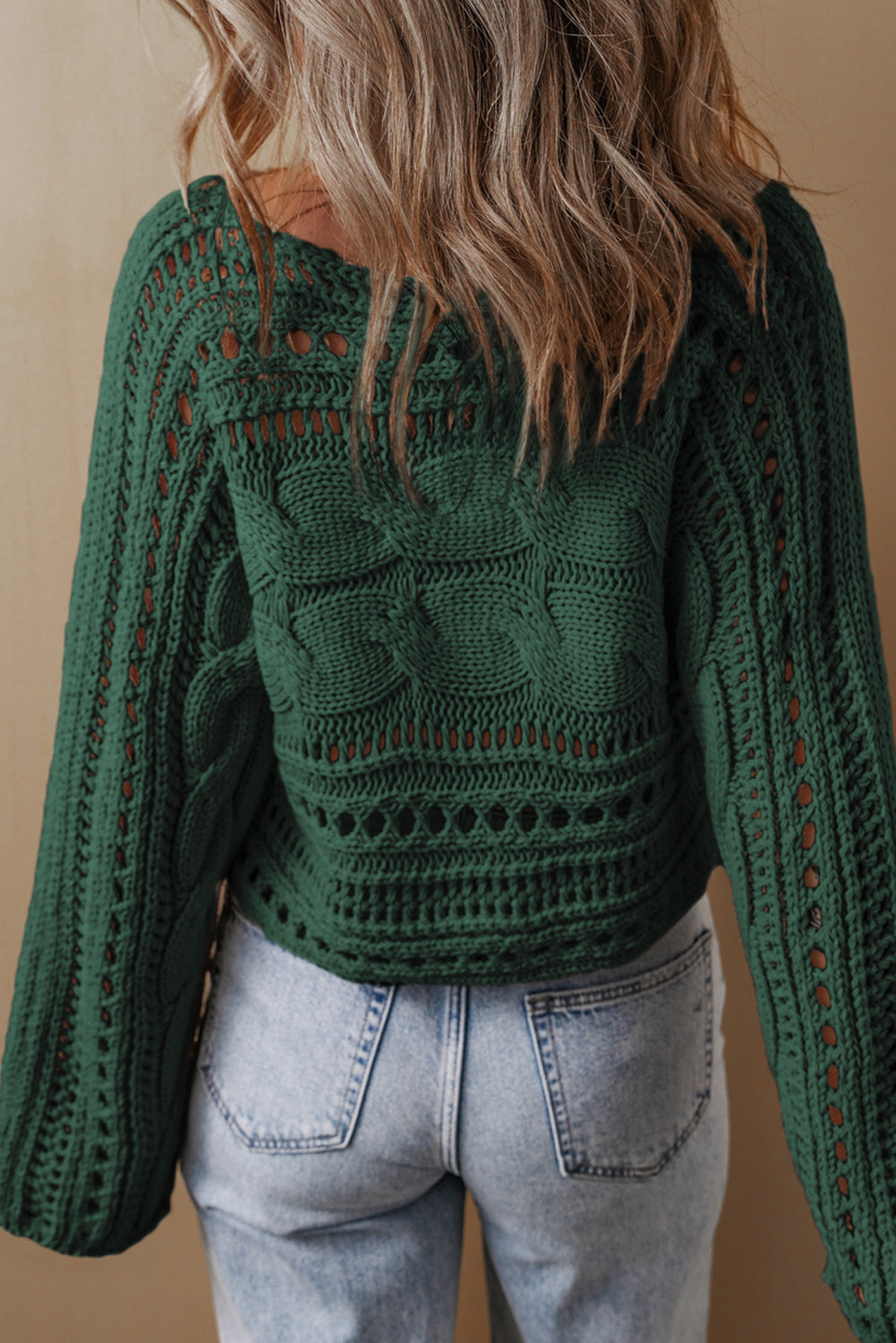 Black Hollow-out Cable Knit Cropped Sweater
