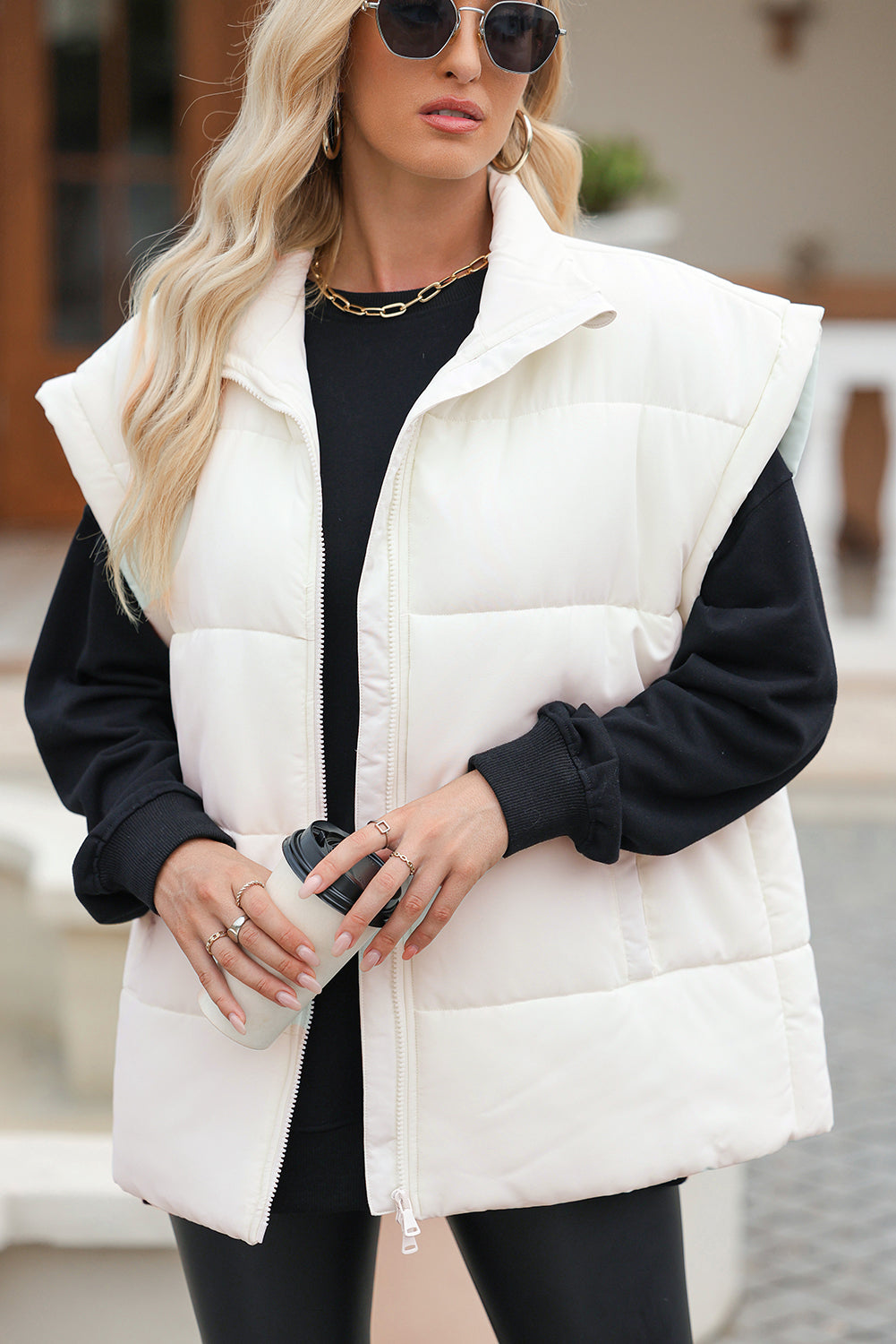 Beige  Zipper Stand Neck Oversized Puffer Vest