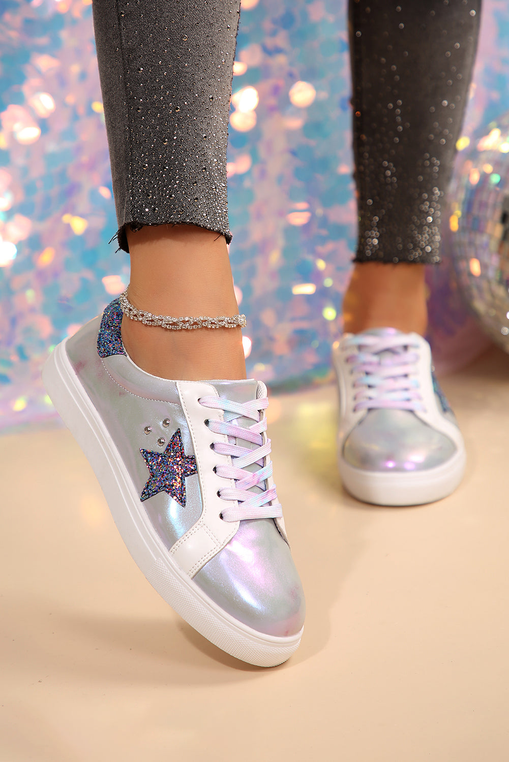 Silvery Star Sequin Patchwork Criss Cross Casual Shoes