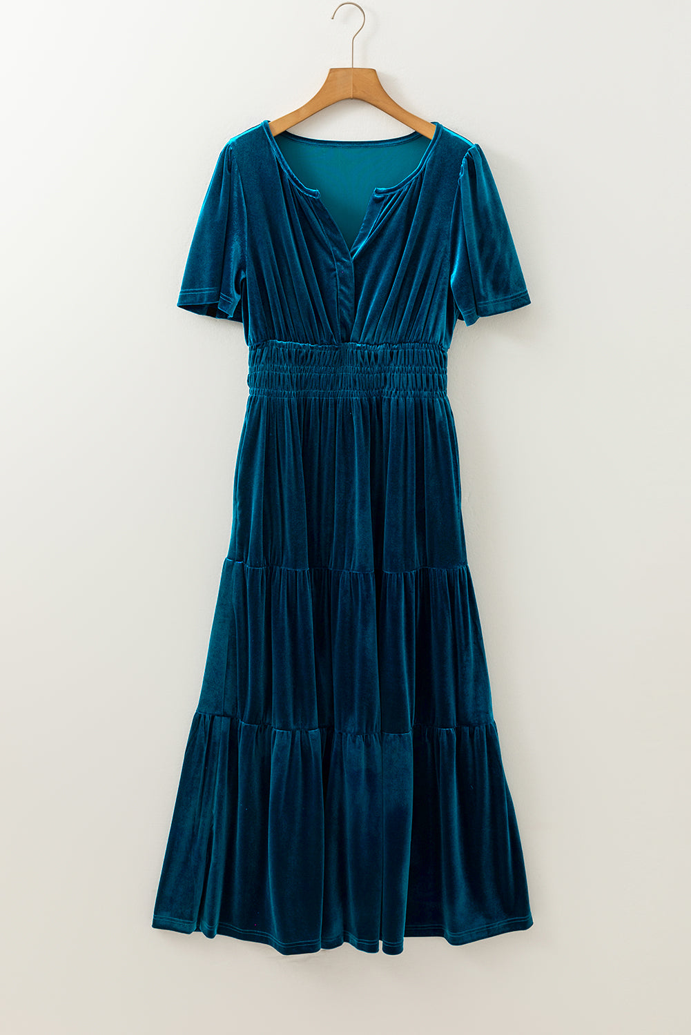 Chestnut Velvet Short Sleeve Shirred Waist Tiered Maxi Dress