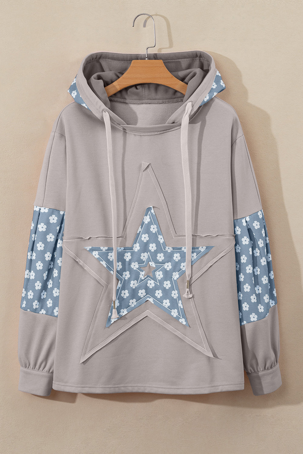 Beau Blue Floral Patchwork Star Pattern Drawstring Hoodie