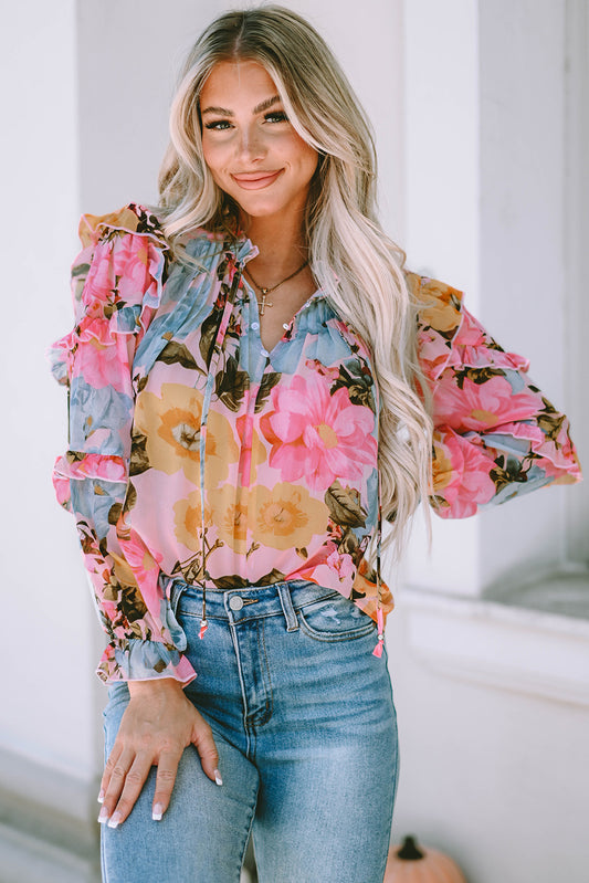 Pink Floral Print Tiered Ruffled Long Sleeve Blouse