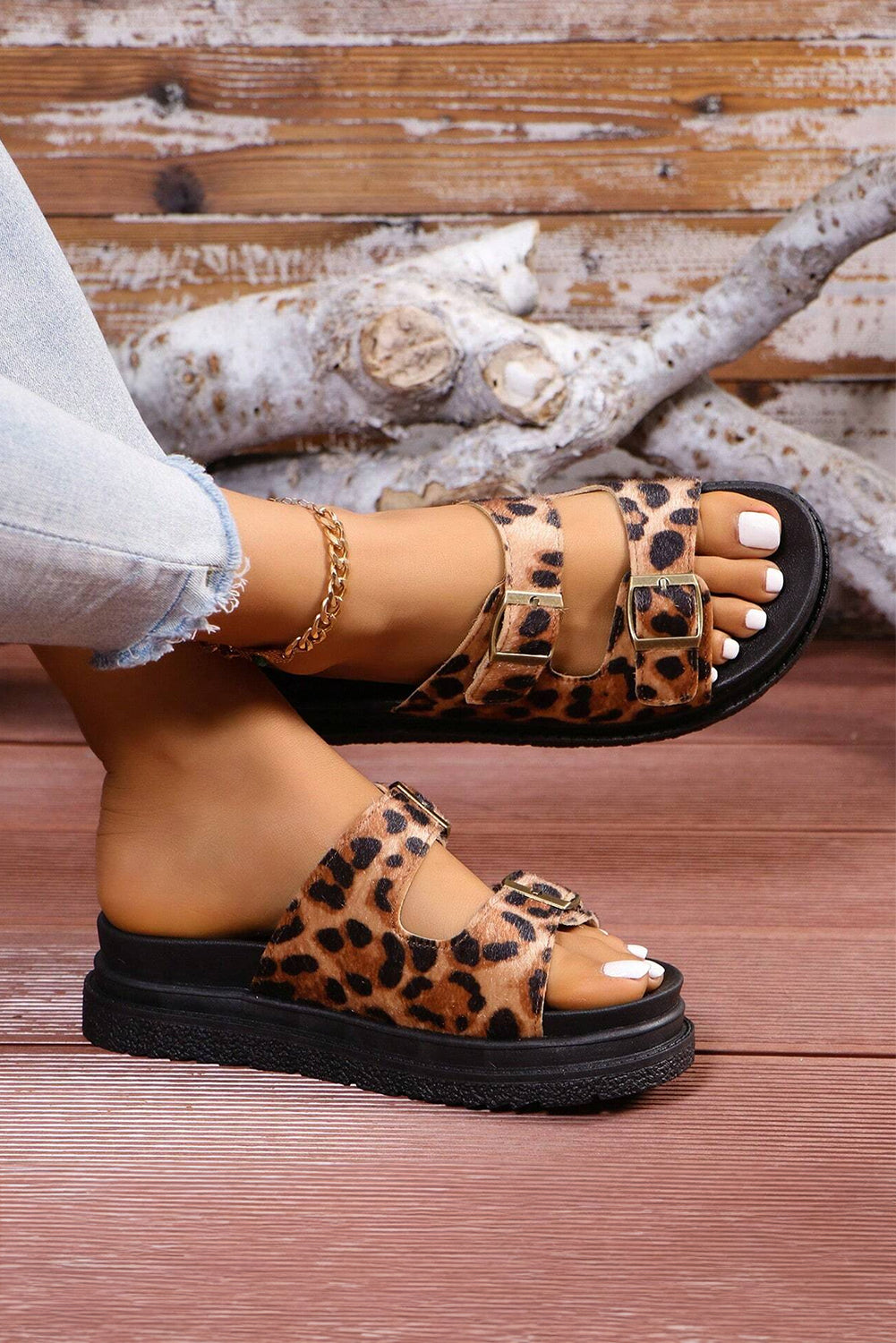 Chestnut Leopard Cut Out Buckle Strap Thick Sole Slippers