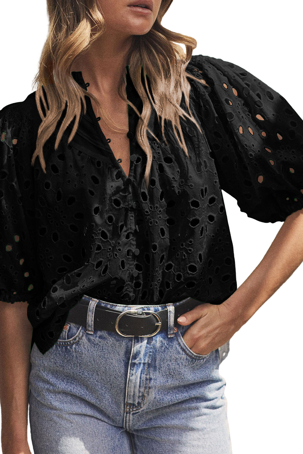 Bonbon Flower Embroidered Hollow-out Puff Sleeve Blouse