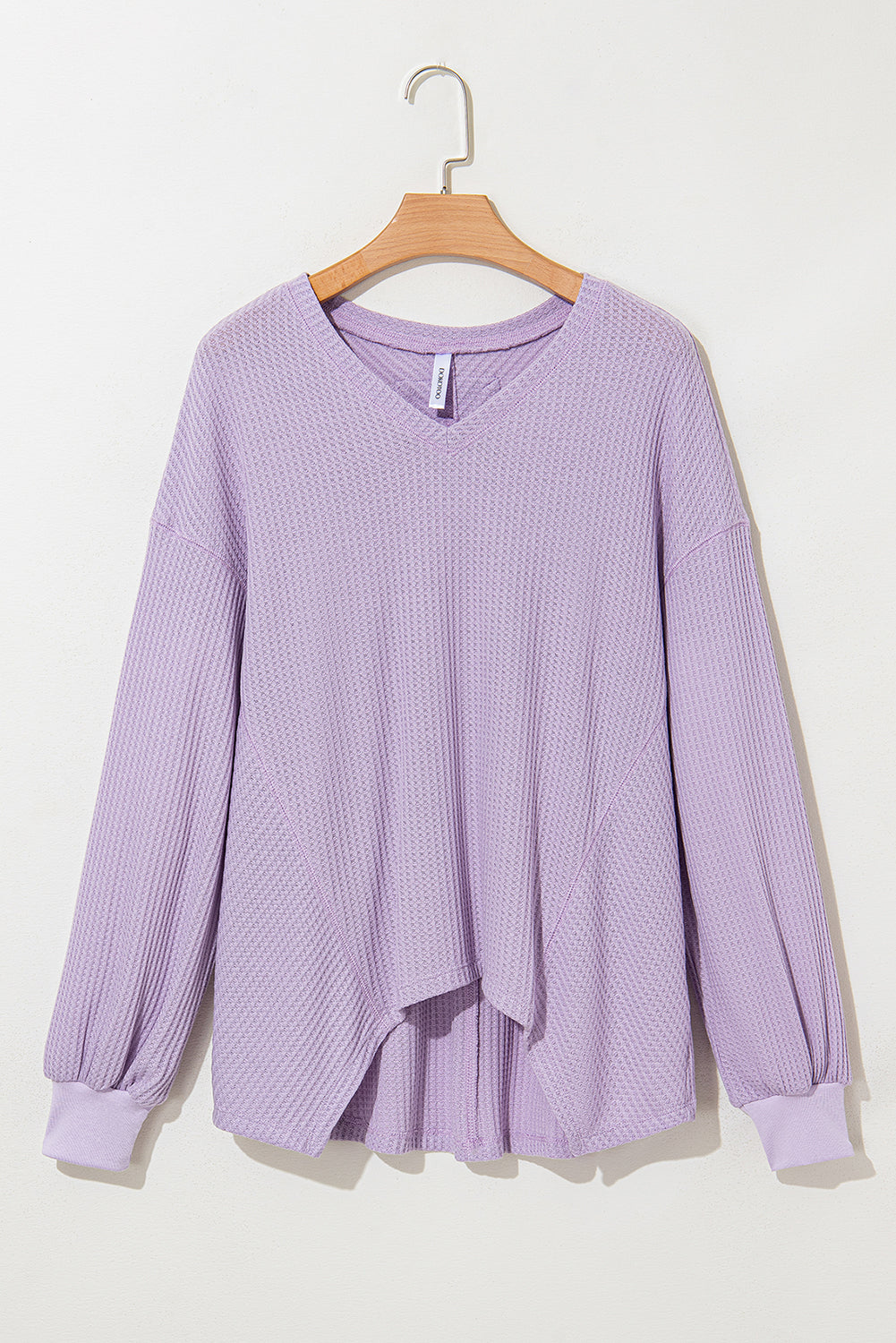 Bright Pink Waffle V Neck Long Sleeve Drop Shoulder Loose Blouse