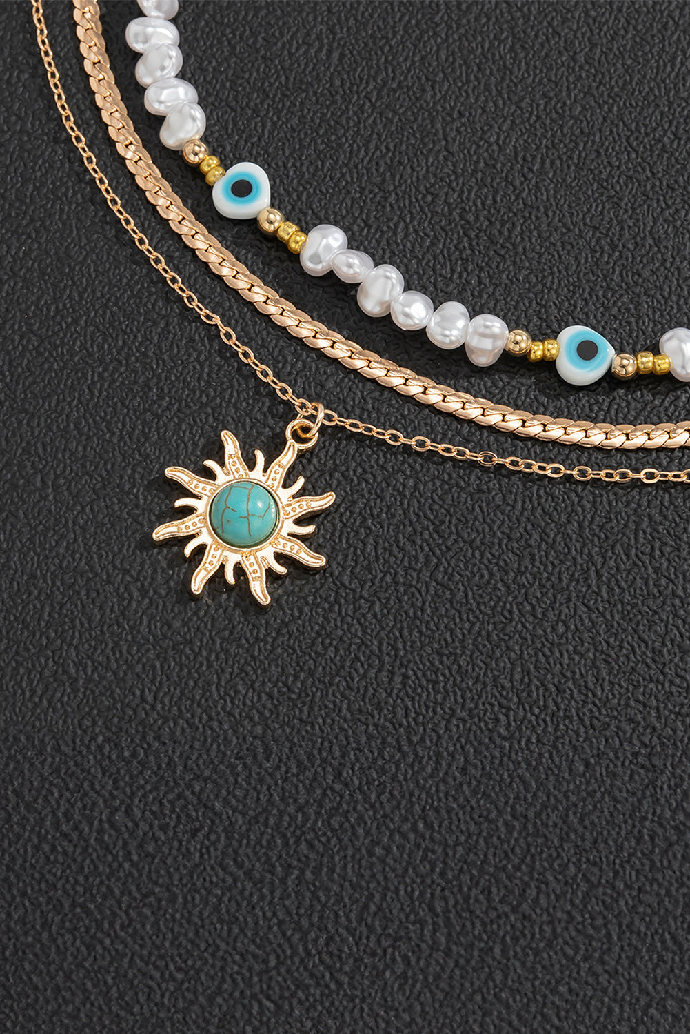 Gold Sun Turquoise Pearl Beaded Multi Layered Pendant Necklace