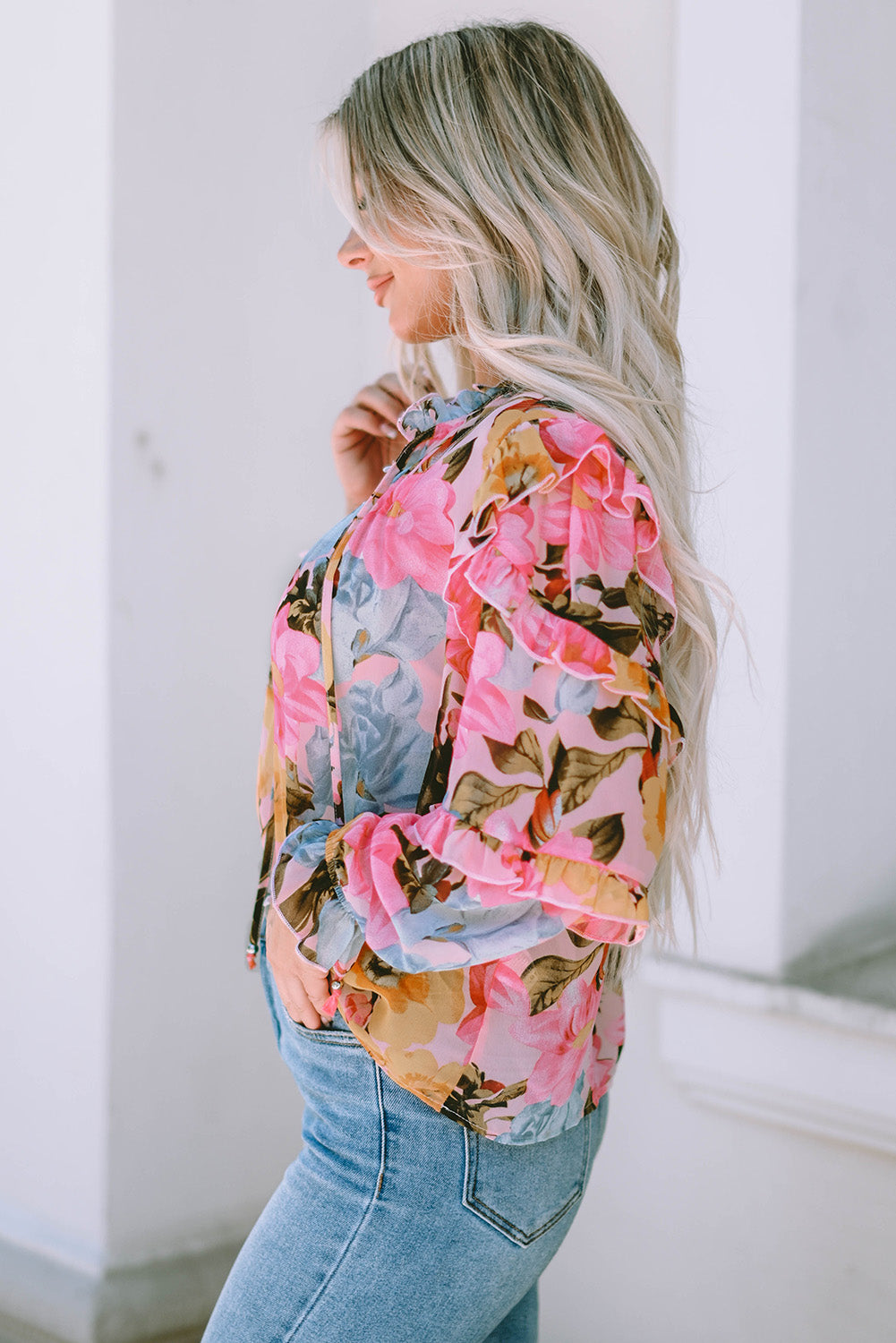 Pink Floral Print Tiered Ruffled Long Sleeve Blouse