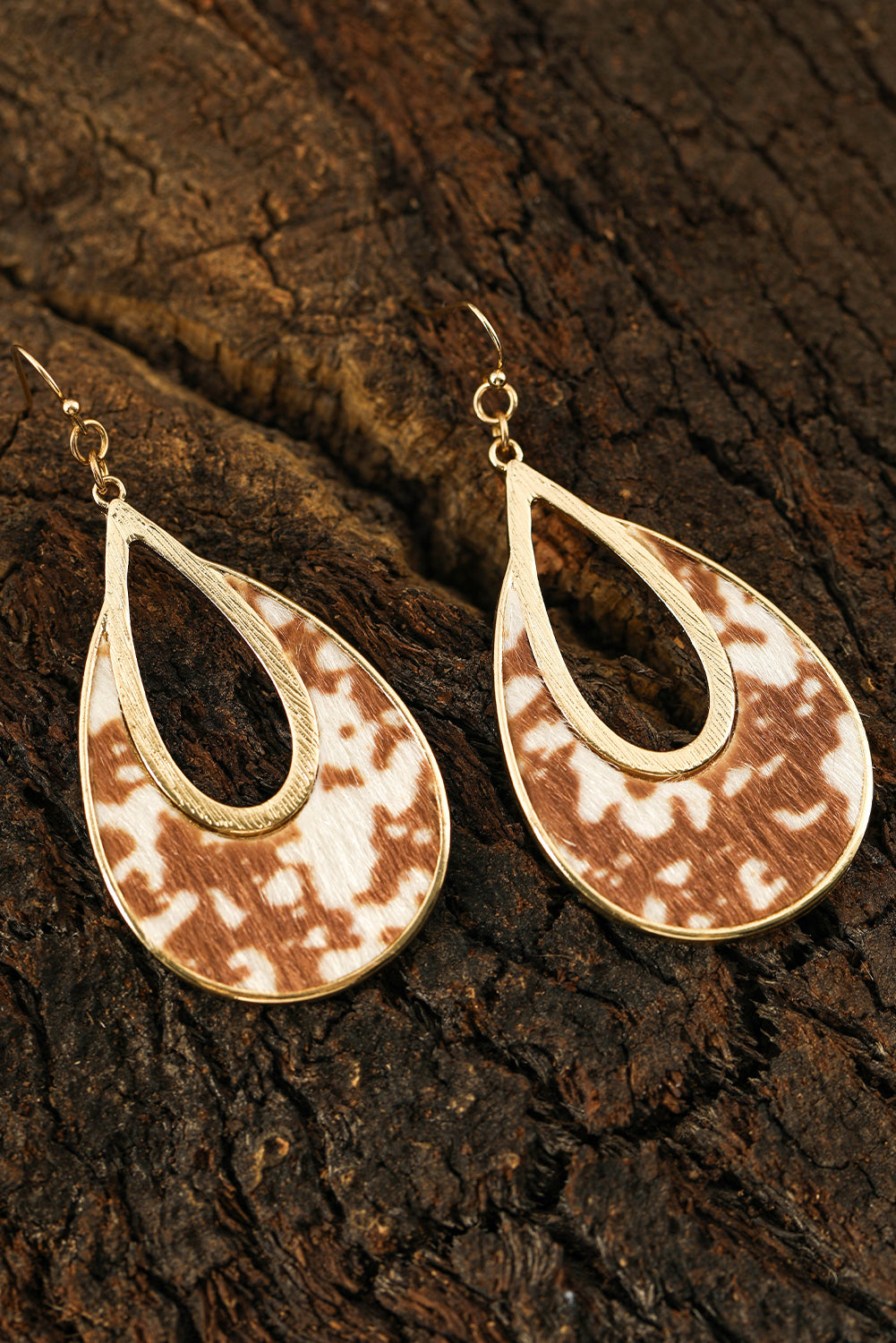 Chestnut Leopard Print Hollowed Waterdrop Shape Hook Earrings