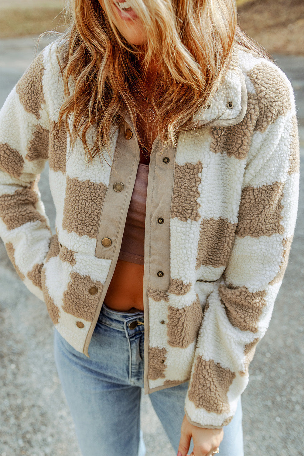 Lapis Checked Snap Button Sherpa Jacket