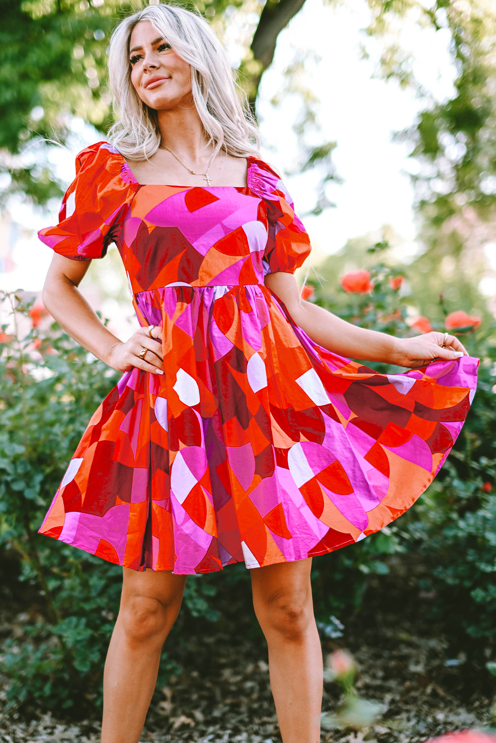 Red Abstract Print Square Neck Puff Sleeve Dress