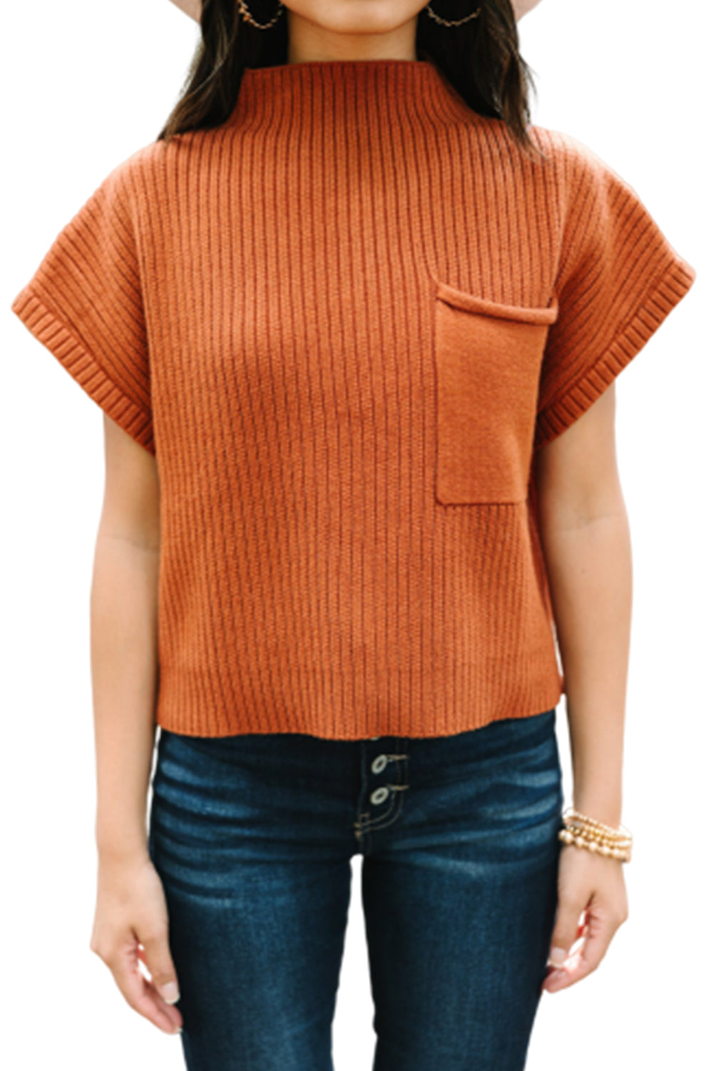 Rose Red Patch Pocket Ribbed Knit Short Sleeve Sweater