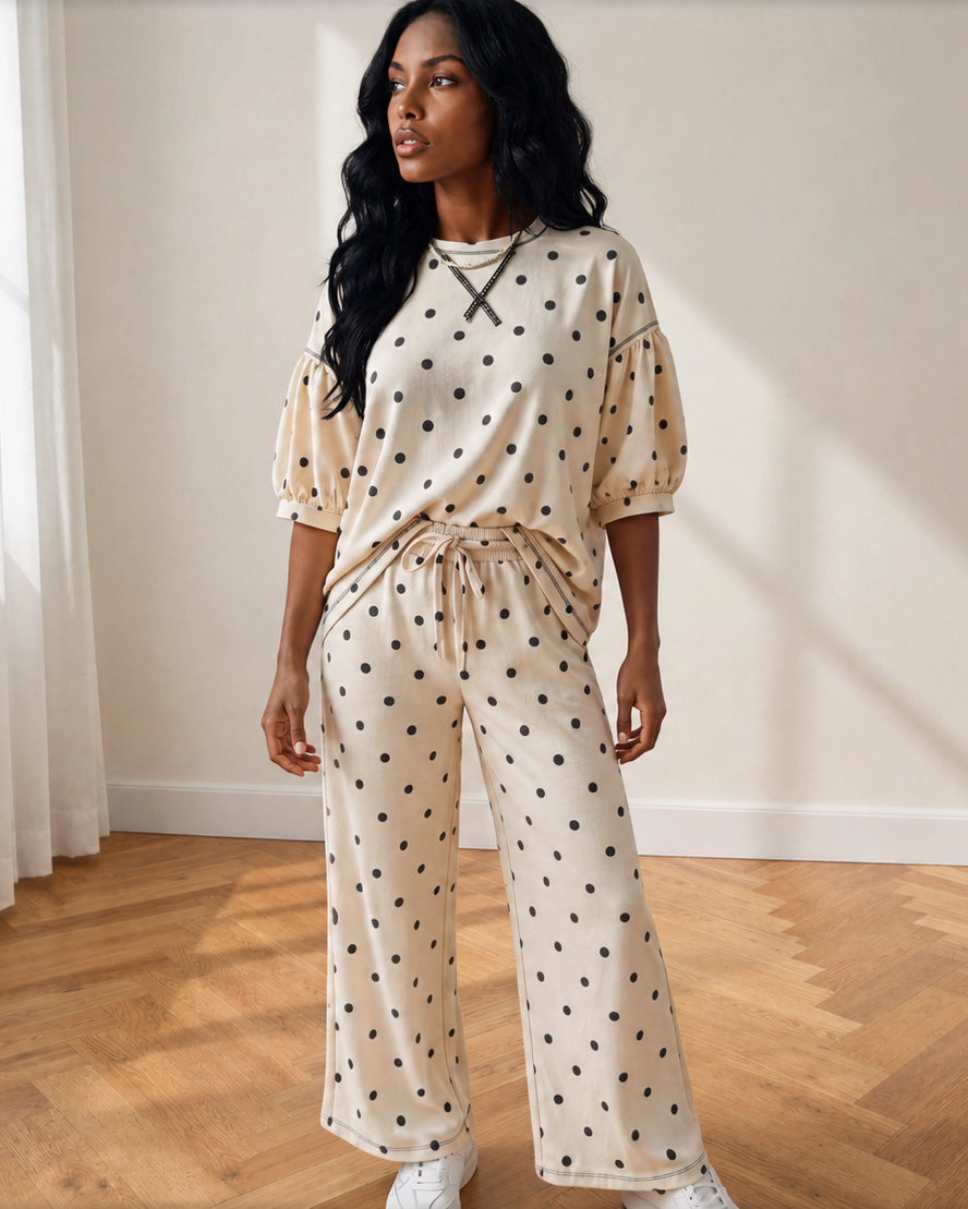 Avery Polka Dot Pants Set | Wide Leg Two Piece Set | Beige