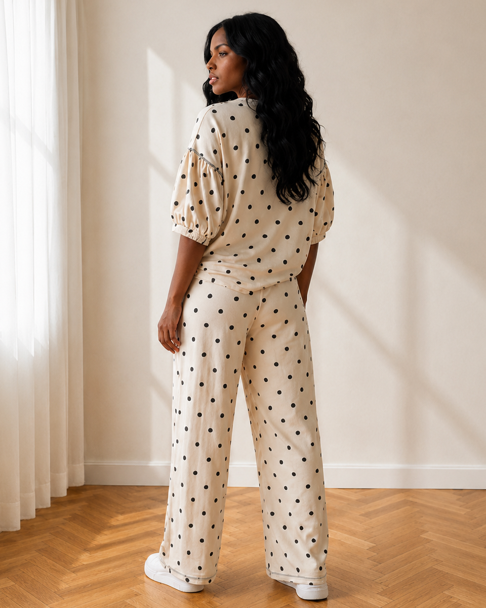 Avery Polka Dot Pants Set | Wide Leg Two Piece Set | Beige