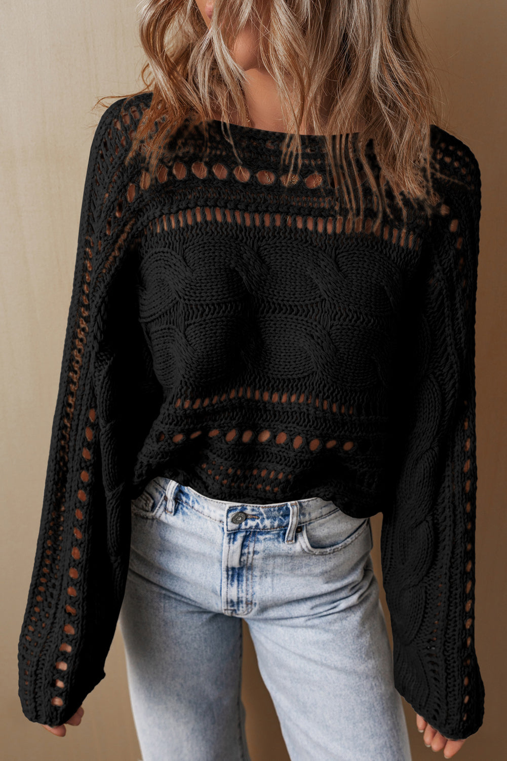 Black Hollow-out Cable Knit Cropped Sweater