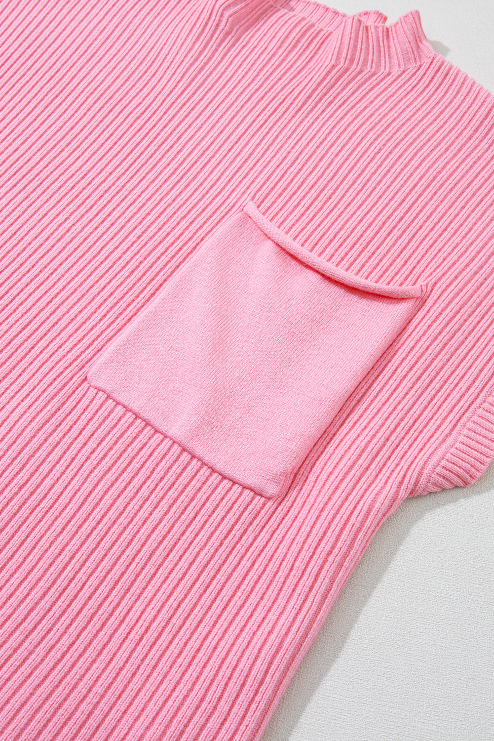 Rose Red Patch Pocket Ribbed Knit Short Sleeve Sweater