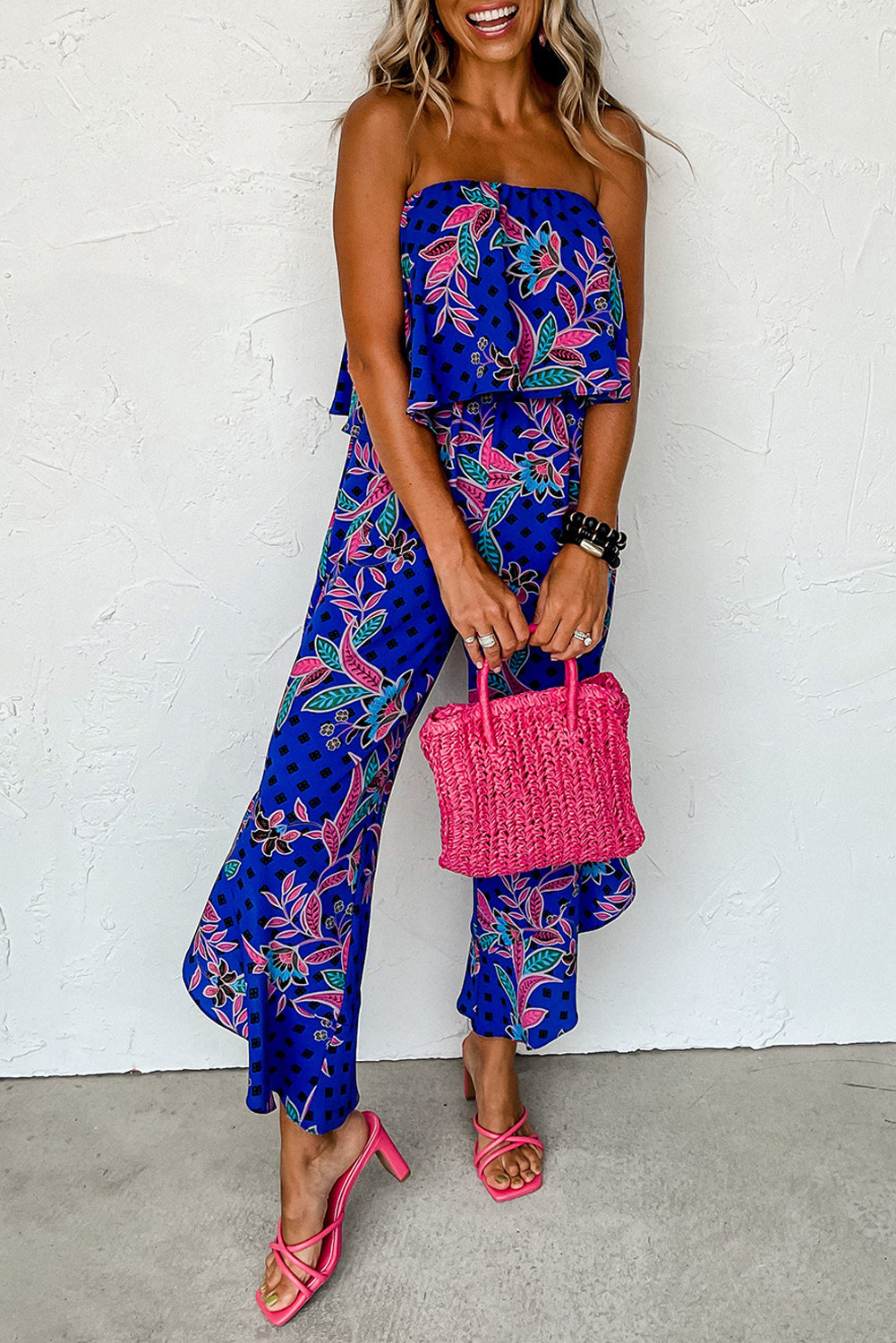 Red Mix Tropical Print Strapless Ruffled Jumpsuit