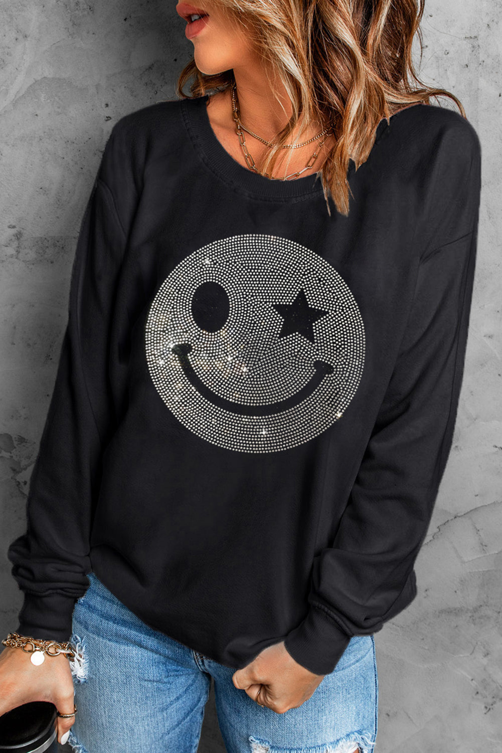 Black Rhinestone Smile Face Graphic Drop Shoulder Sweatshirt