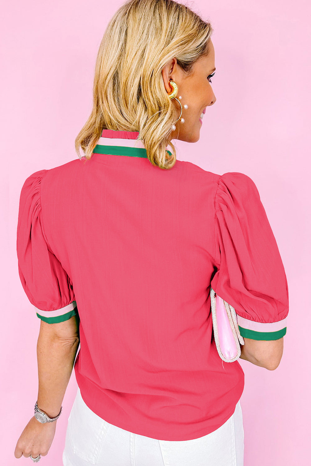 Bright Green Colorful Trim V Neck Short Sleeve Blouse