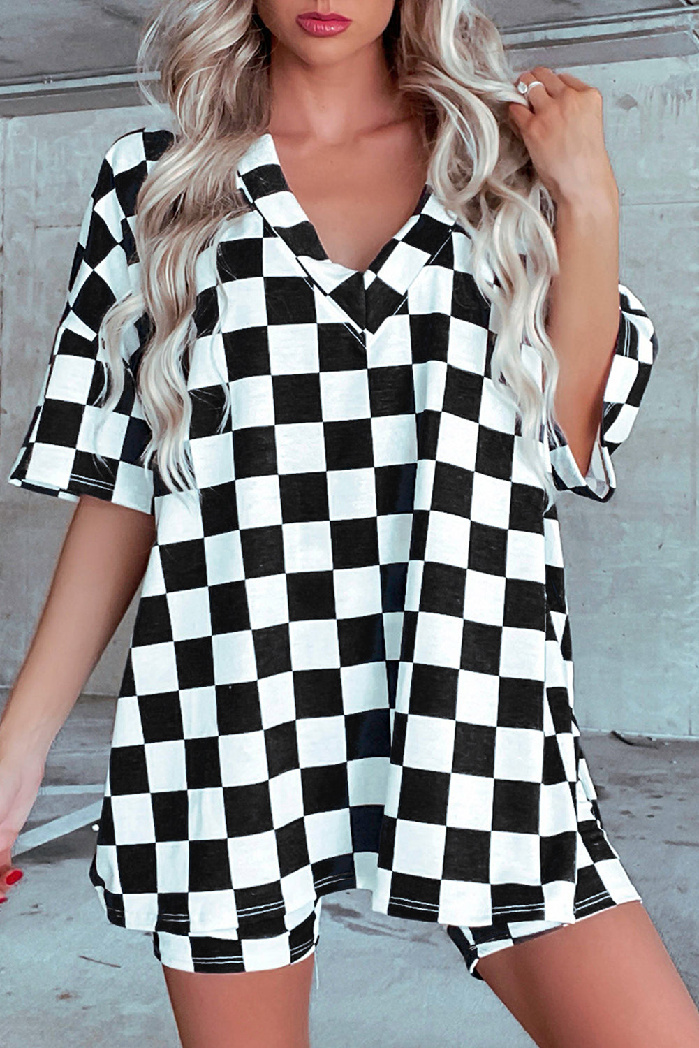 Orange Checkerboard Print V Neck Loose Tee and Shorts Lounge Set