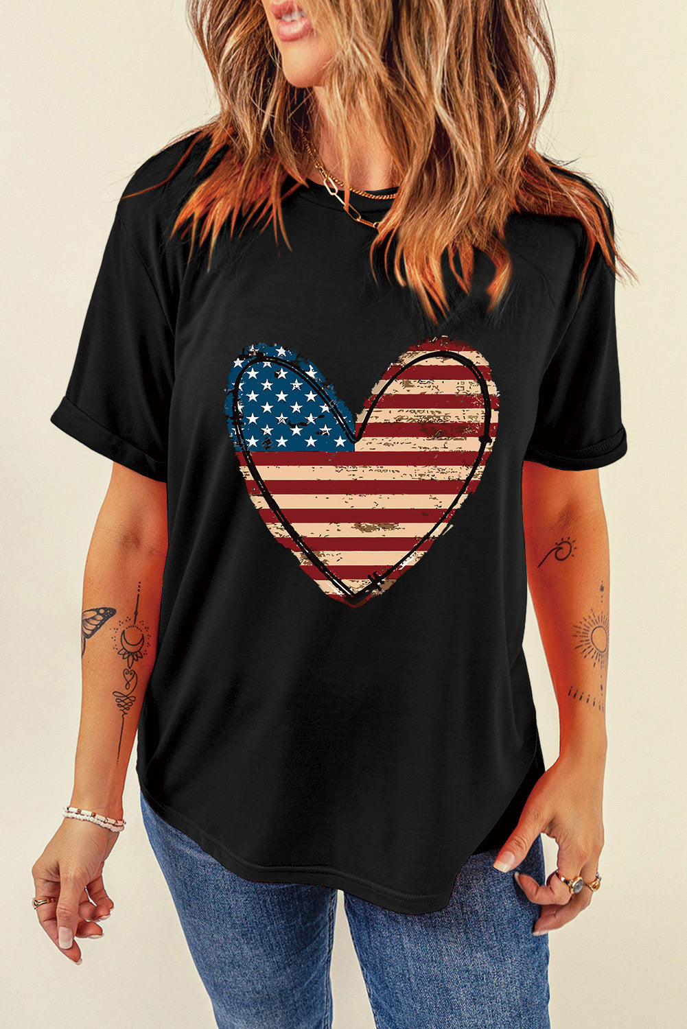 Black American Flag Heart Shape Round Neck Graphic Tee