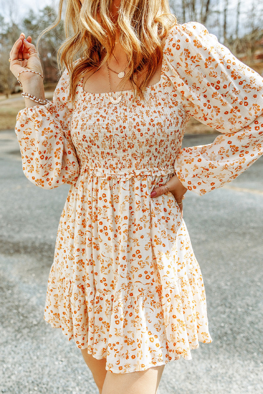 Light Blue Boho Floral Smocked Puff Sleeve Mini Dress