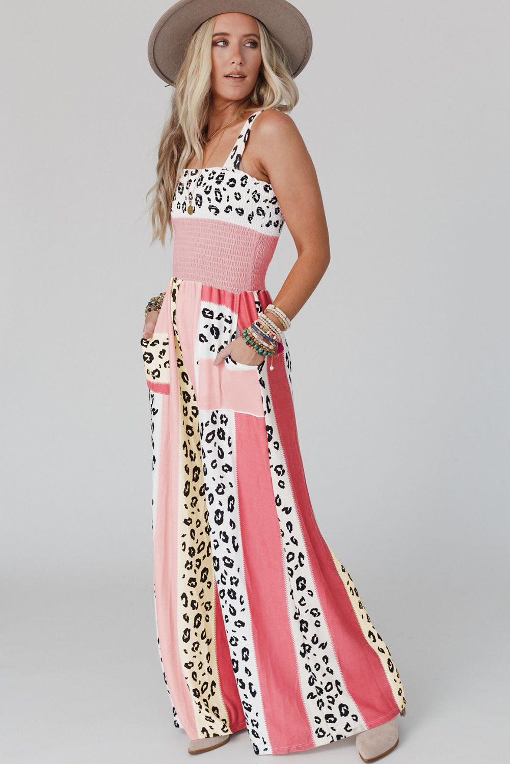 Leopard Color Block Mix Print Pocketed Jumpsuit