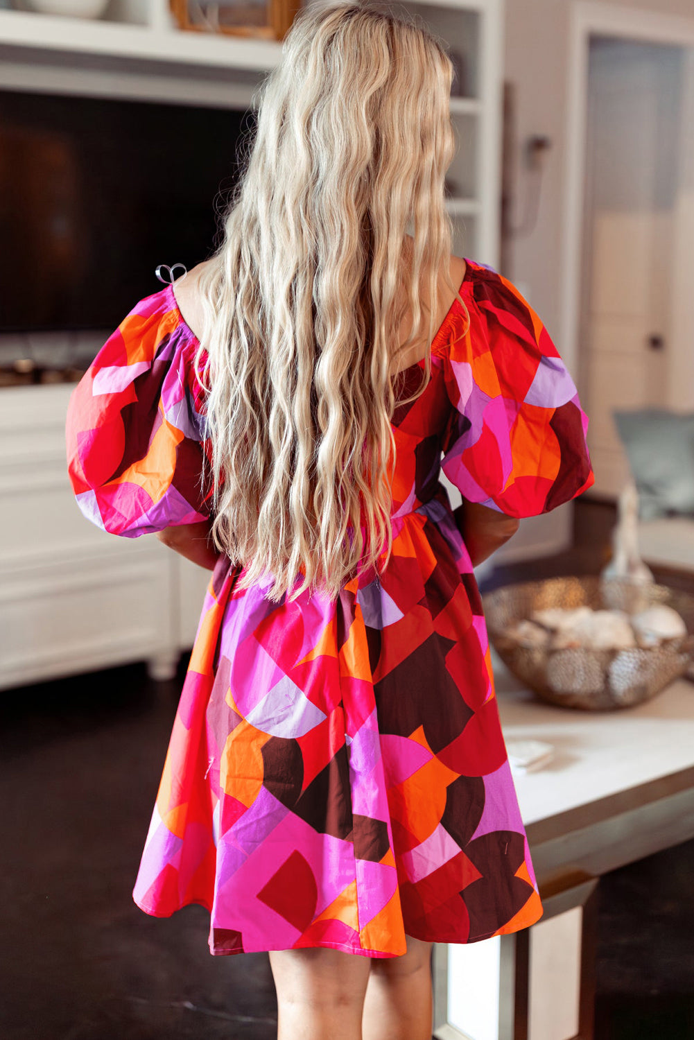 Red Abstract Print Square Neck Puff Sleeve Dress