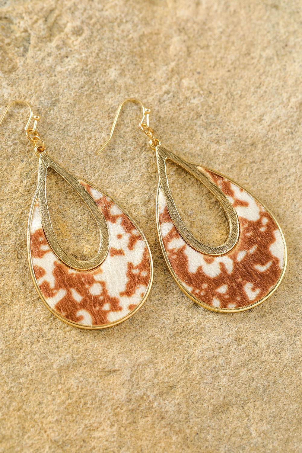 Chestnut Leopard Print Hollowed Waterdrop Shape Hook Earrings