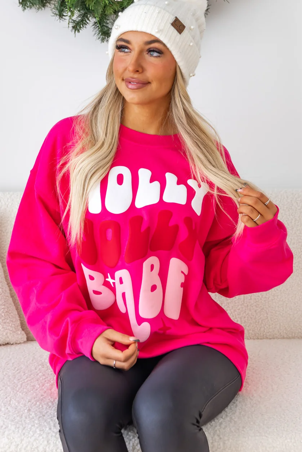 Rose Red Christmas Holly Jolly Babe Graphic Oversized Sweatshirt