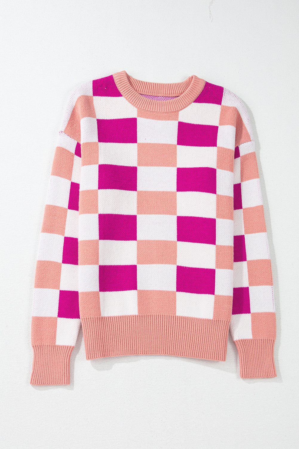 Black Checkered Ribbed Edge O Neck Drop Shoulder Sweater