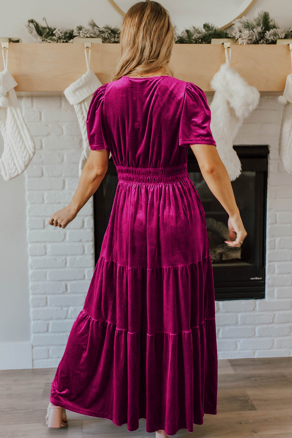 Chestnut Velvet Short Sleeve Shirred Waist Tiered Maxi Dress