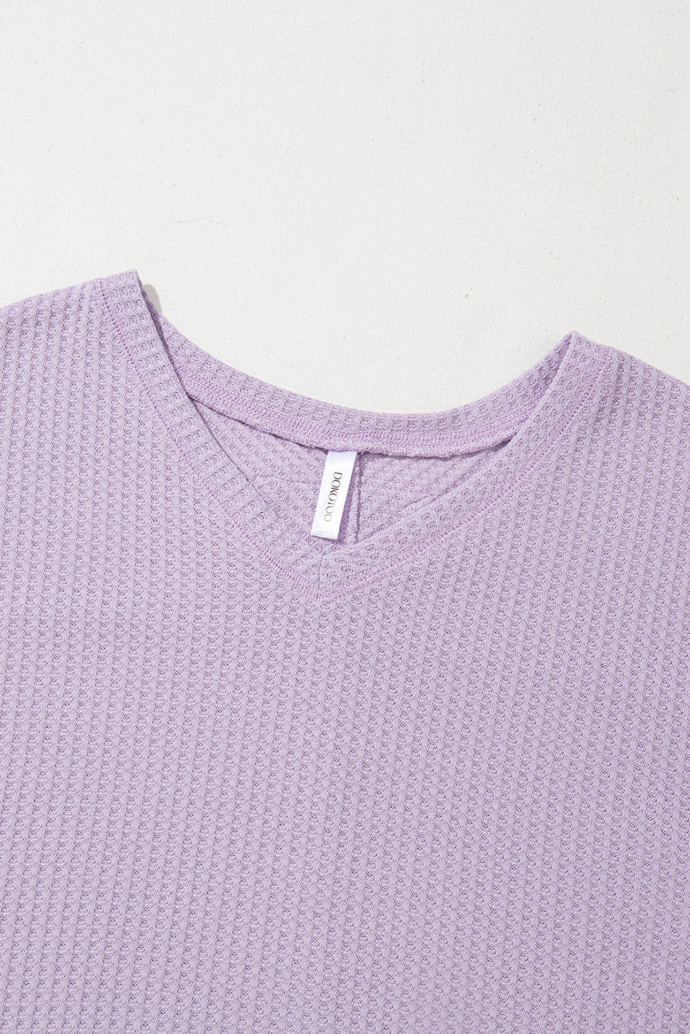 Bright Pink Waffle V Neck Long Sleeve Drop Shoulder Loose Blouse