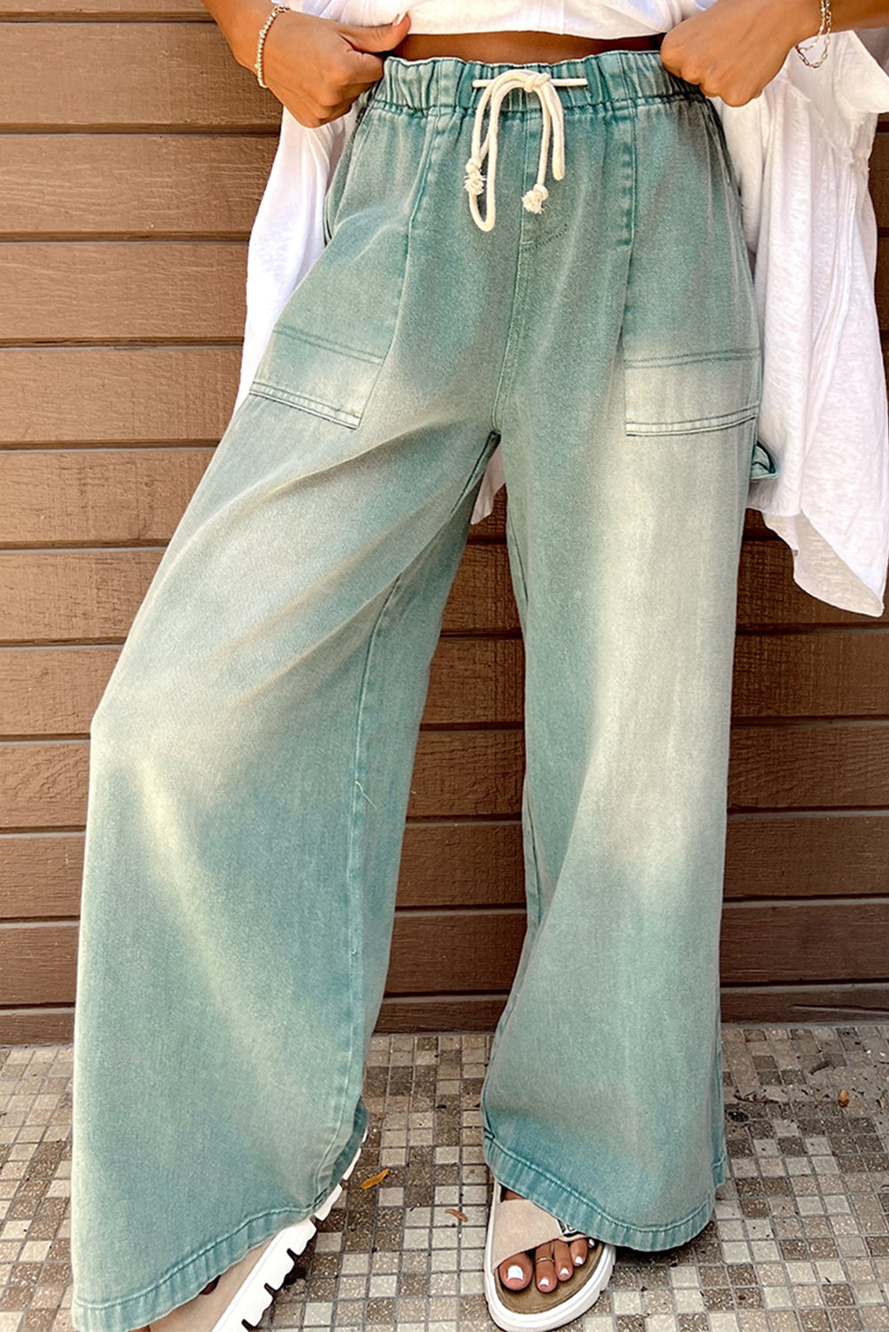 Smoke Green Mineral Wash Drawstring High Waist Wide Leg Jeans