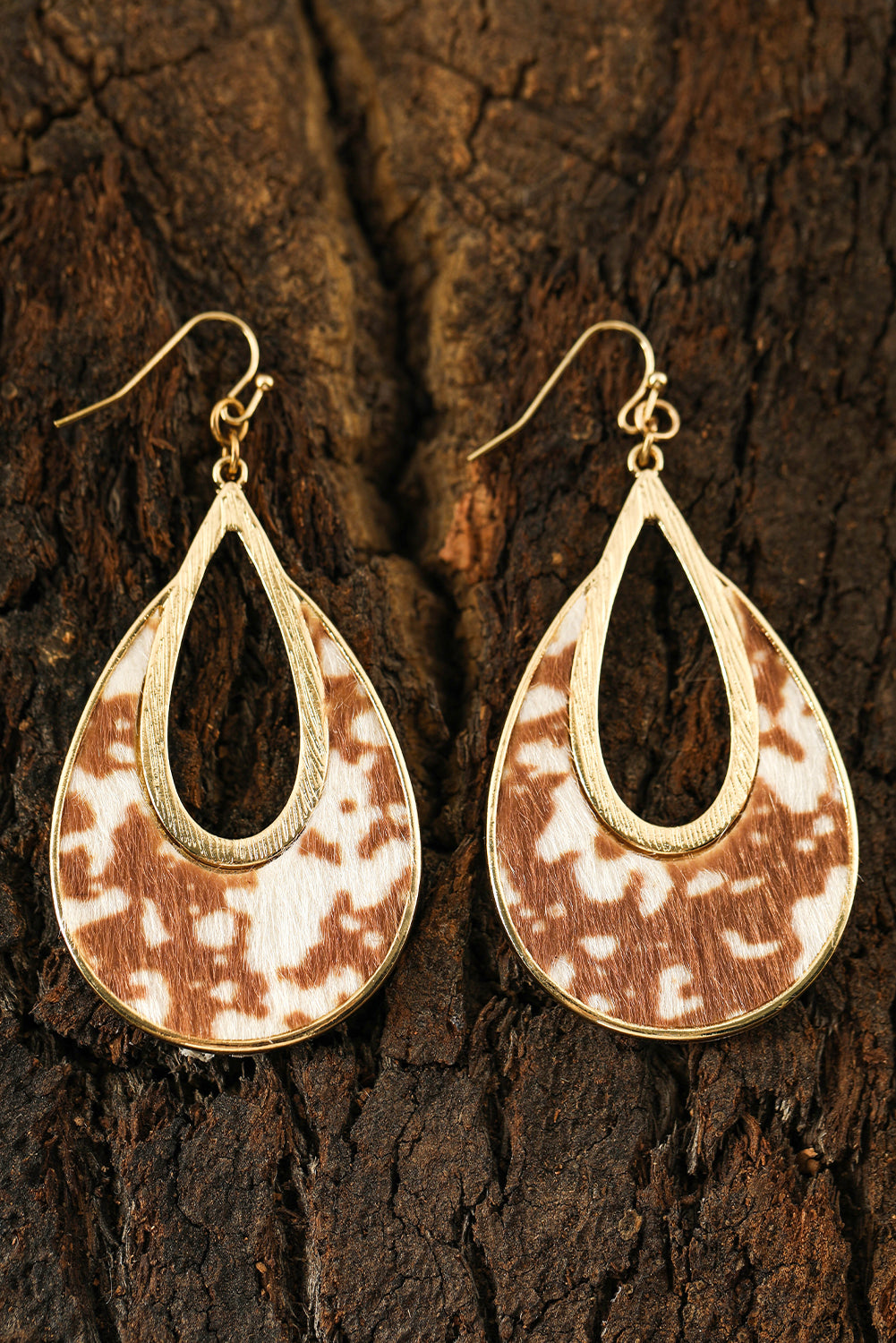 Chestnut Leopard Print Hollowed Waterdrop Shape Hook Earrings