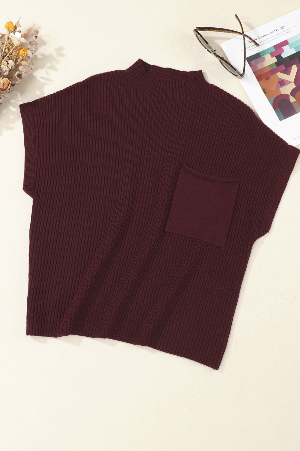 Rose Red Patch Pocket Ribbed Knit Short Sleeve Sweater