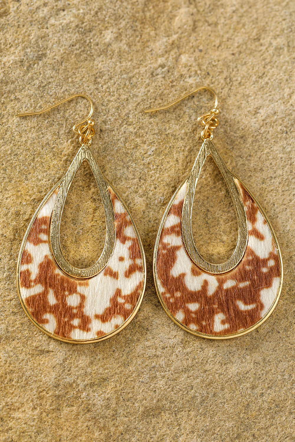 Chestnut Leopard Print Hollowed Waterdrop Shape Hook Earrings