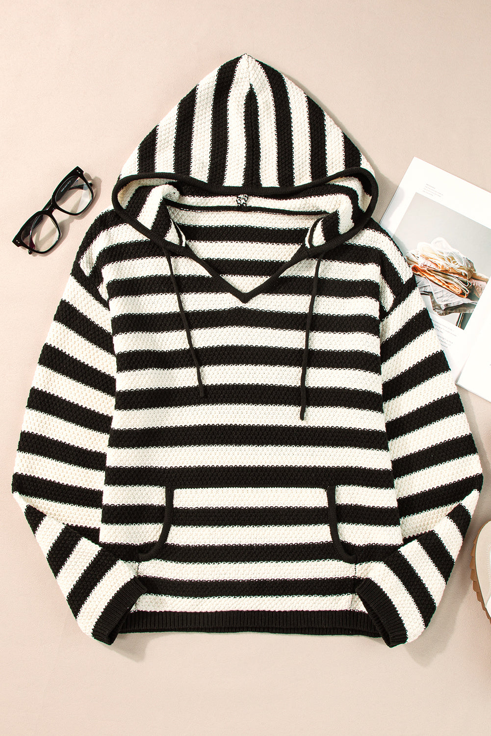 Blue Stripe V Neck Pocketed Drawstring Hooded Sweater