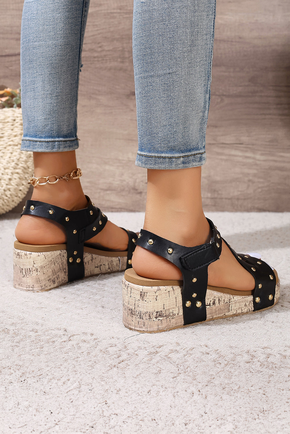 White Rivet Hollow Out Leather Wedge Sandals