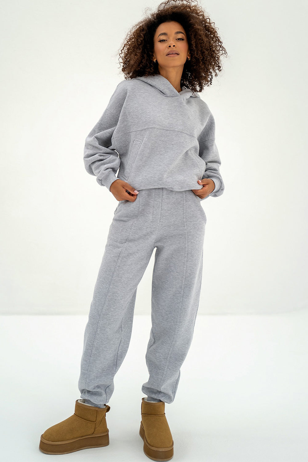 Gray Solid Exposed Seams Hoodie and Joggers Activewear Set