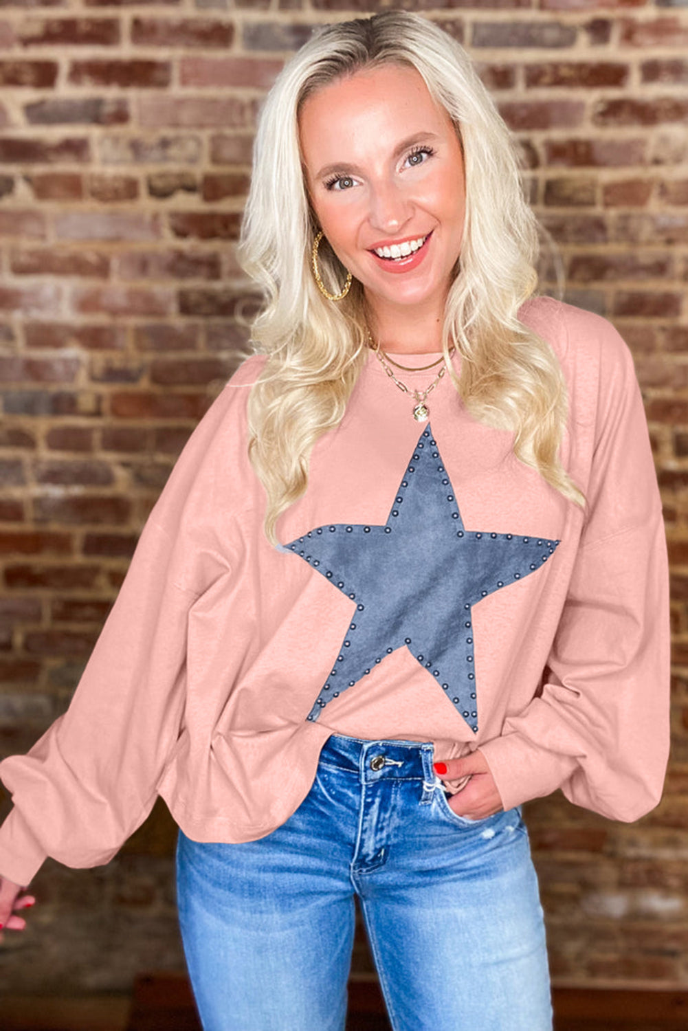 Gossamer Pink Studded Star Graphic Oversized Long Sleeve Top